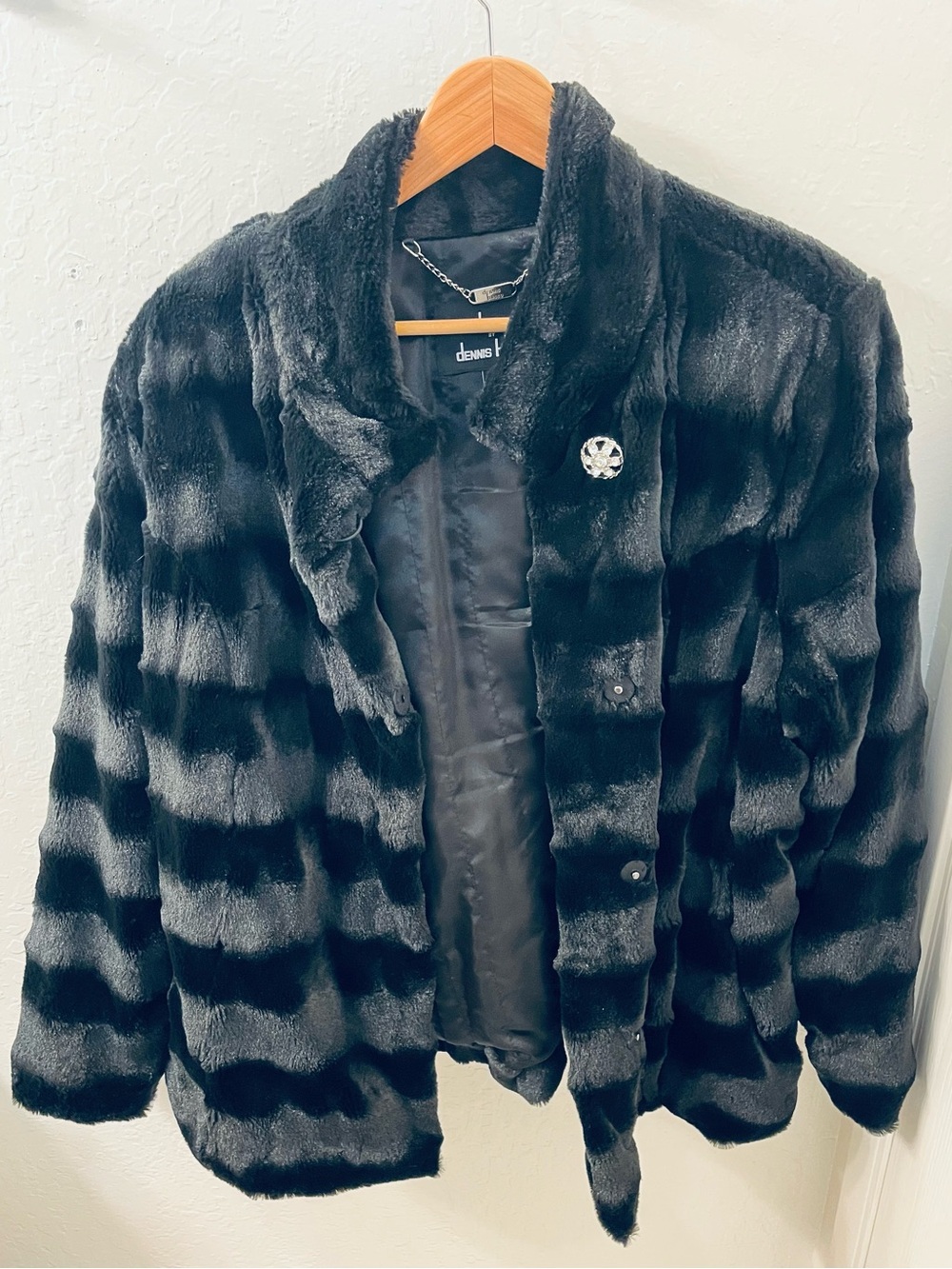 Dennis Basso Black on Black Striped Faux Fur Coat with Brooch detail